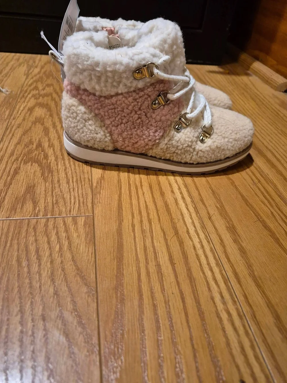 Cat & Jack Cream and Pink Sherpa Lace-Up Kids Ankle Boots
